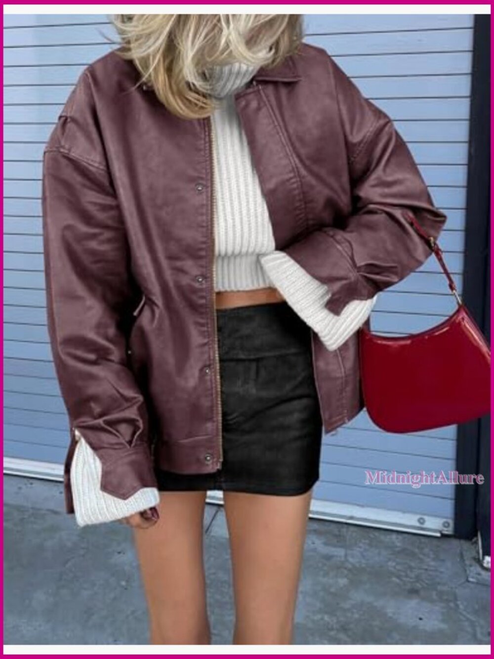 Oversized Faux Leather Motorcycle Jacket with Zipper Closure Long Sleeve - Picture 4 of 7